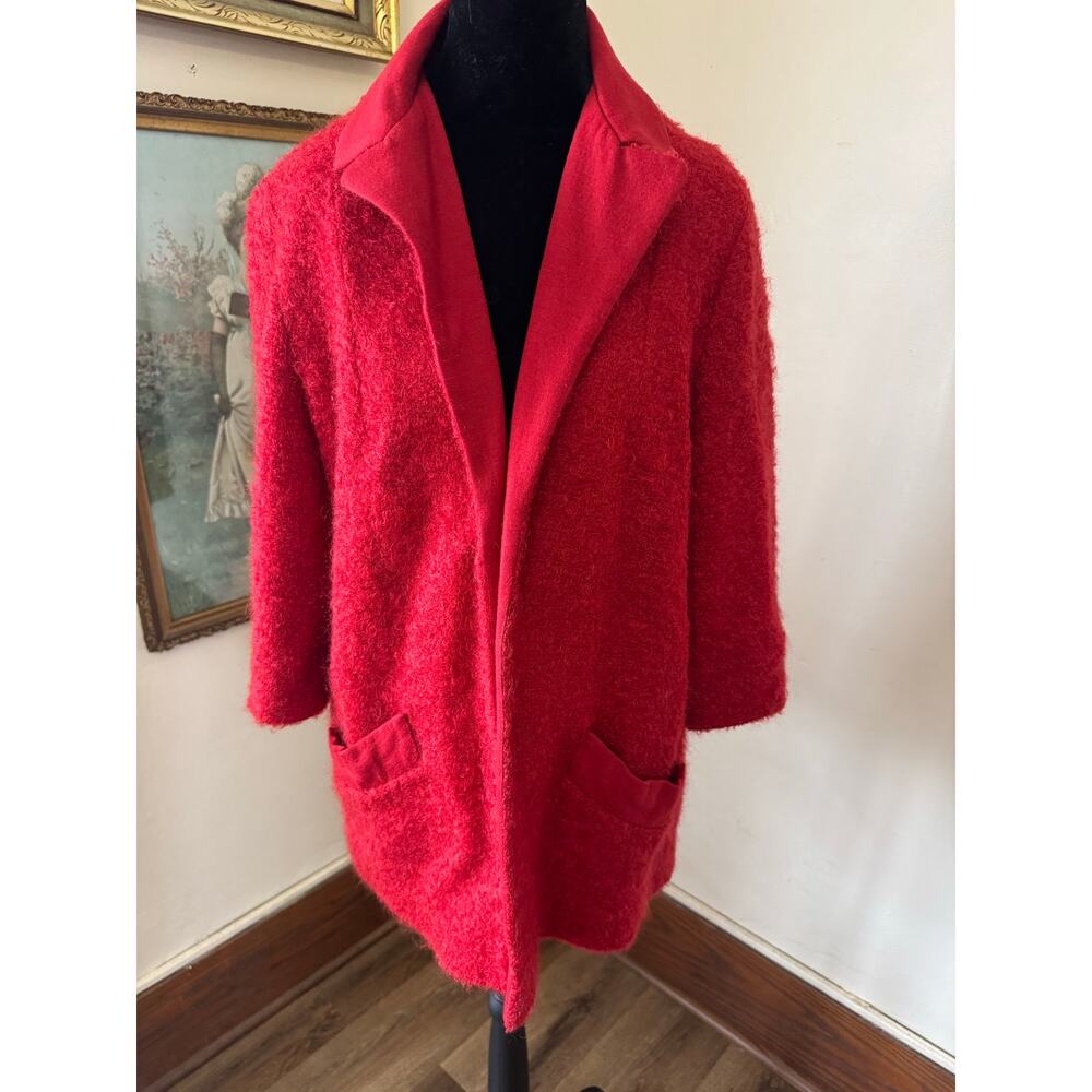 Red Boucle Textured Jacket Open Front Oversized Vintage Style
